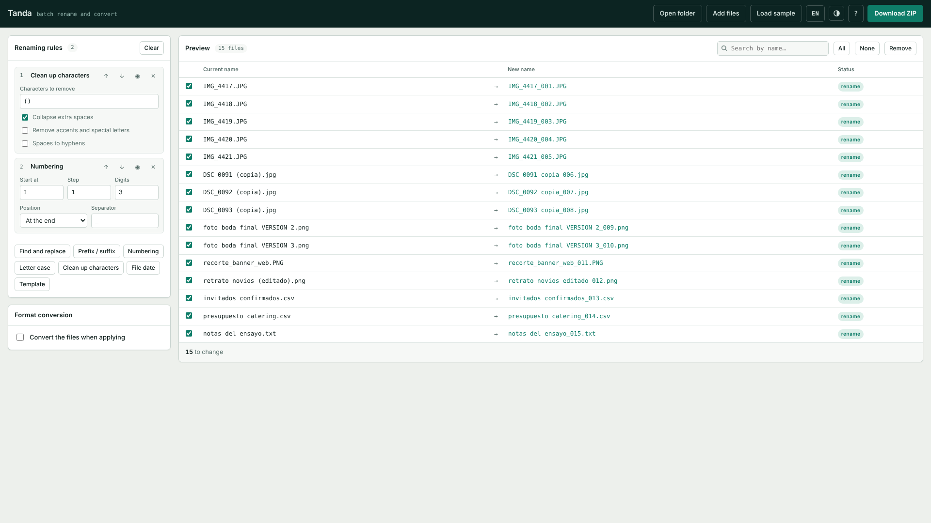 The Tanda window with fifteen files loaded, the rule panel on the left and the before-and-after table on the right